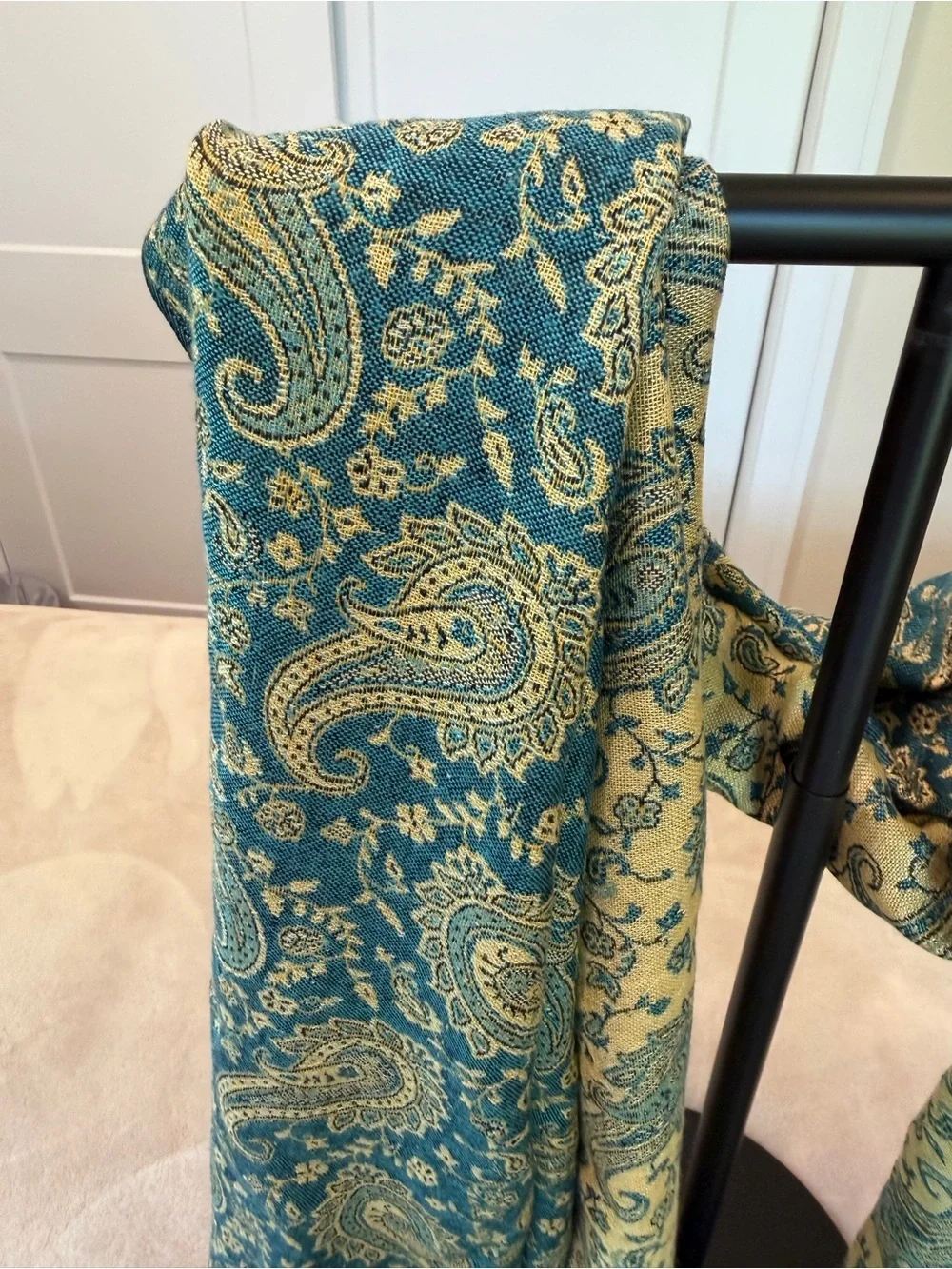 Teal and Gold Paisley Decorative Scarf with Tassels